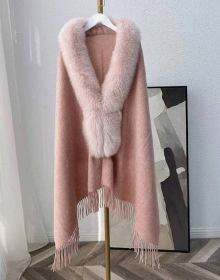 Fox Fur Trimmed Poncho Shawl - BEYAZURA.COM