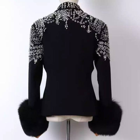 Fox Sleeve Crystal Decorated Black Blazer - BEYAZURA.COM