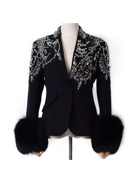 Fox Sleeve Crystal Decorated Black Blazer - BEYAZURA.COM