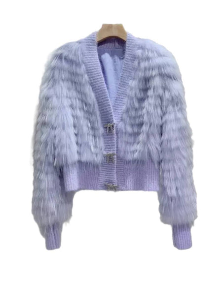 Genuine Raccoon Fur Ribbon Button Sweater - BEYAZURA.COM