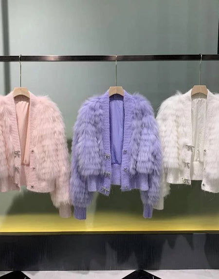 Genuine Raccoon Fur Ribbon Button Sweater - BEYAZURA.COM