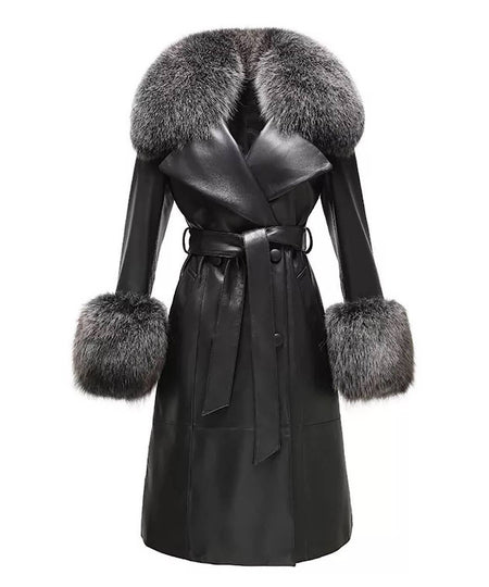 Genuine Sheepskin Leather Fox Fur Trimmed Coat In Coffee - BEYAZURA.COM