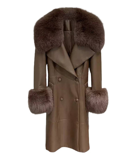 Genuine Sheepskin Leather Fox Fur Trimmed Coat In Coffee - BEYAZURA.COM