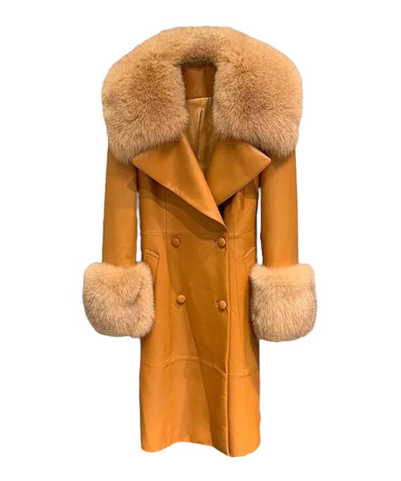 Genuine Sheepskin Leather Fox Fur Trimmed Coat In Hazel - BEYAZURA.COM