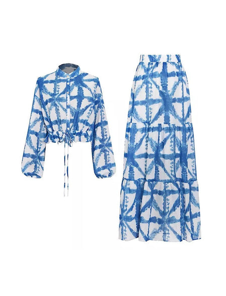 Geometric Tie Dye Print Top Long Skirt Set - BEYAZURA.COM