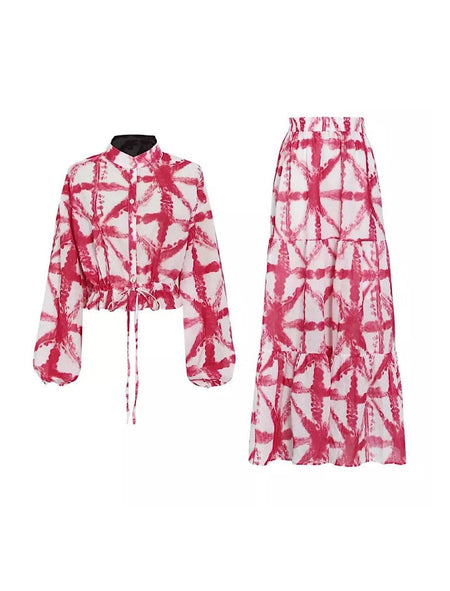 Geometric Tie Dye Print Top Long Skirt Set - BEYAZURA.COM