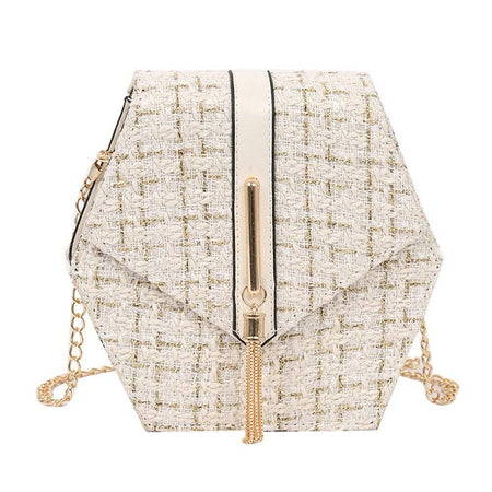 Geometrical Tweed Flap Bag With Gold Tassel - BEYAZURA.COM