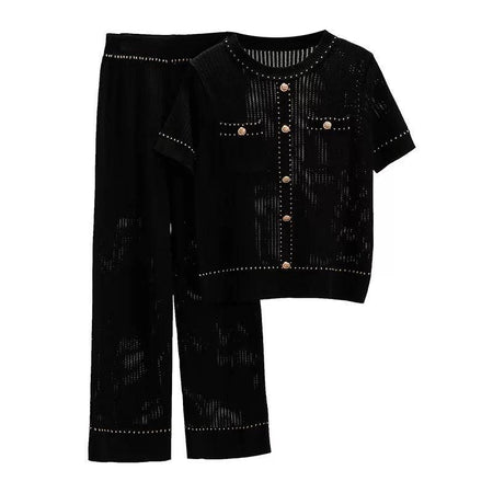 Gold Detailed Short Sleeve Top And Wide Leg Cropped Pants Two Piece Set - BEYAZURA.COM