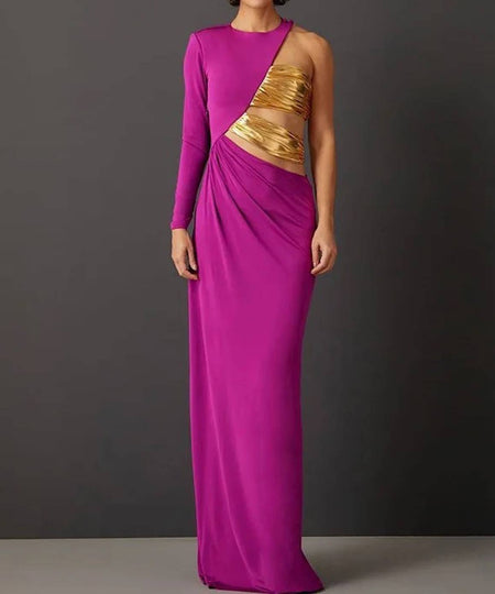 Gold Purple Ruched Long Gown - BEYAZURA.COM