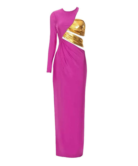 Gold Purple Ruched Long Gown - BEYAZURA.COM