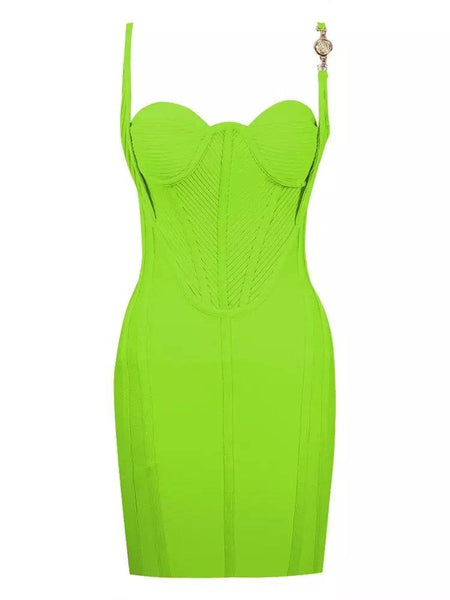 Green Gold Trim Knitted Bandage Dress - BEYAZURA.COM