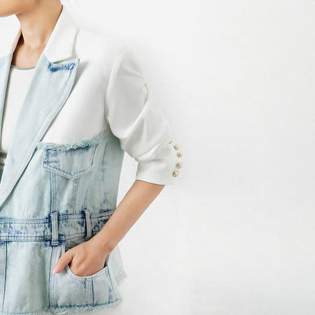 Half Denim Half Solid Long Blazer - BEYAZURA.COM