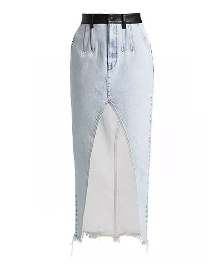 High Middle Slit Denim Long Skirt - BEYAZURA.COM