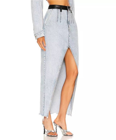 High Middle Slit Denim Long Skirt - BEYAZURA.COM