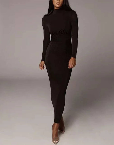 High Neck Bodycon Ruched Dress - BEYAZURA.COM