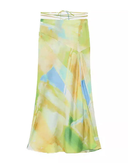 High Slit Printed Silky Satin Skirt - BEYAZURA.COM