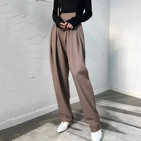 High Waist Loose Pleated Wide Leg Pants - BEYAZURA.COM