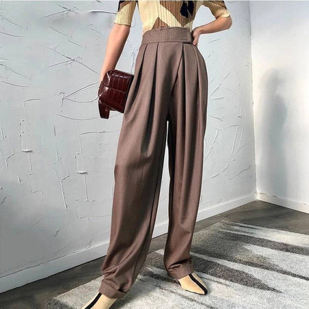 High Waist Loose Pleated Wide Leg Pants - BEYAZURA.COM