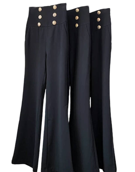 High Waisted Gold Button Flared Pants - BEYAZURA.COM
