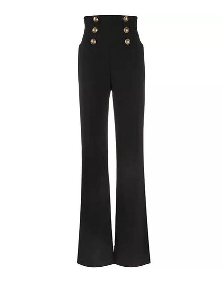 High Waisted Gold Button Flared Pants - BEYAZURA.COM