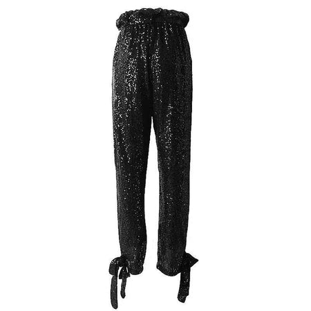 High Waisted Loose Sequined Bow Ankle Pants - BEYAZURA.COM