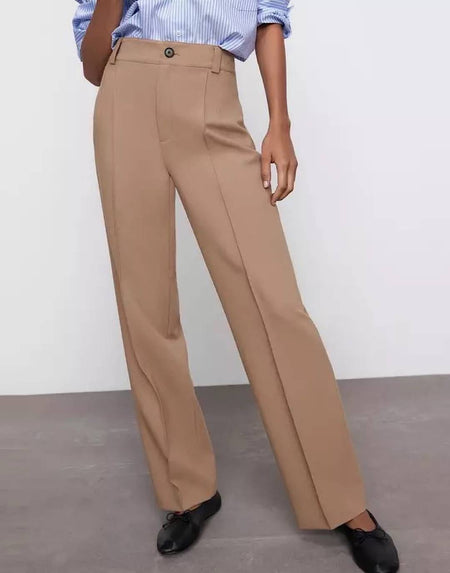 High Waisted Straight Cut Pants - BEYAZURA.COM
