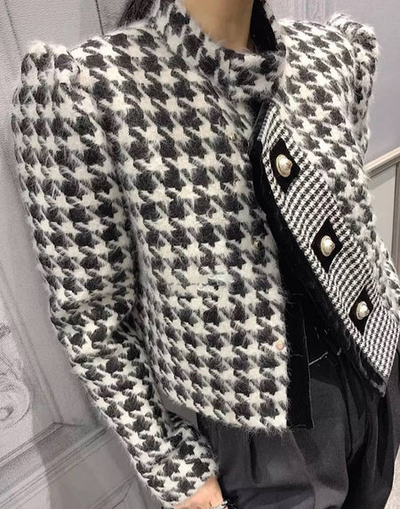 Houndstooth Cropped Tweed Coat - BEYAZURA.COM