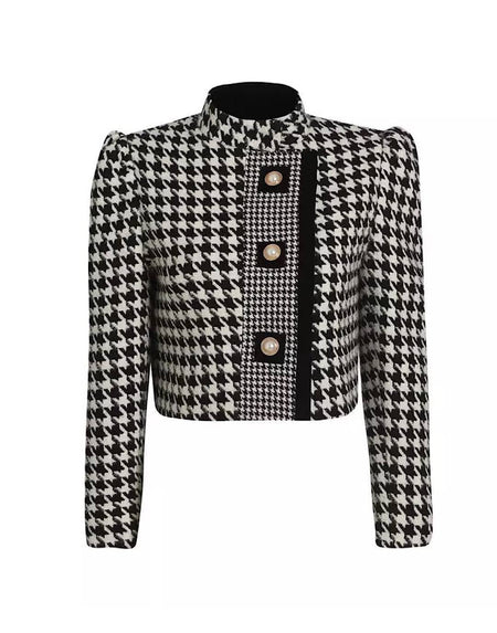 Houndstooth Cropped Tweed Coat - BEYAZURA.COM