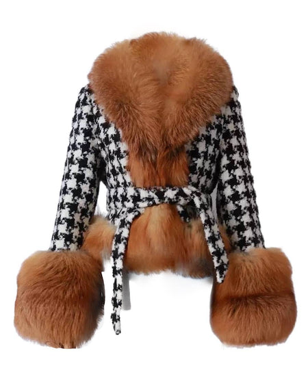 Houndstooth Fox Fur Trim Belted Wool Jacket - BEYAZURA.COM