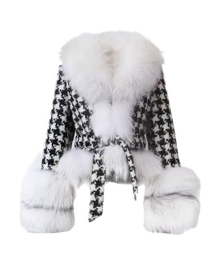 Houndstooth Fox Fur Trim Belted Wool Jacket - BEYAZURA.COM