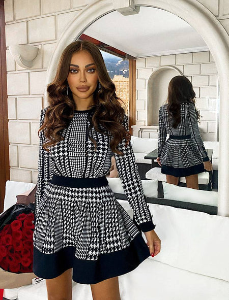 Houndstooth Knitted Long Sleeve Top and Elastic Waist Skirt Two Piece Set - BEYAZURA.COM