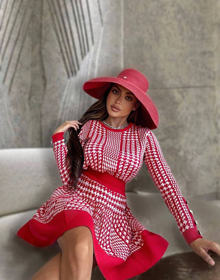 Houndstooth Knitted Long Sleeve Top and Elastic Waist Skirt Two Piece Set - BEYAZURA.COM