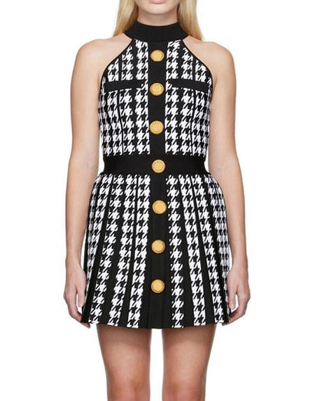 Houndstooth Pattern Halter Knit Dress - BEYAZURA.COM