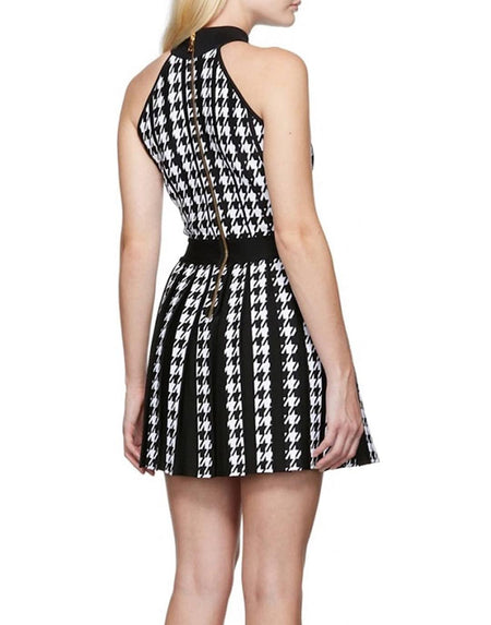 Houndstooth Pattern Halter Knit Dress - BEYAZURA.COM