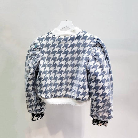Houndstooth Ruched Sleeve Mesh Bomber Jacket - BEYAZURA.COM