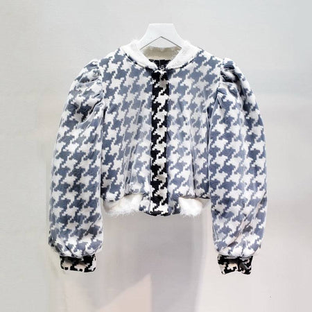 Houndstooth Ruched Sleeve Mesh Bomber Jacket - BEYAZURA.COM