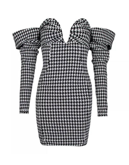 Houndstooth Ruched Sleeve Mini Dress - BEYAZURA.COM