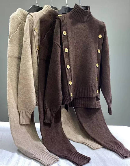 Knit Buttoned Pullover And Pants Set - BEYAZURA.COM