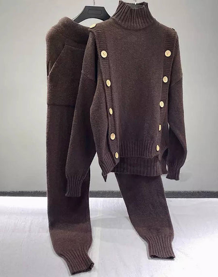 Knit Buttoned Pullover And Pants Set - BEYAZURA.COM