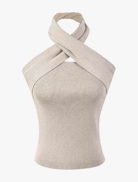 Knit Halter Neck Sweater Top - BEYAZURA.COM