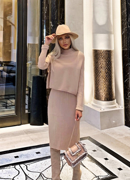 Knit Midi Dress Pullover Two Piece Set - BEYAZURA.COM