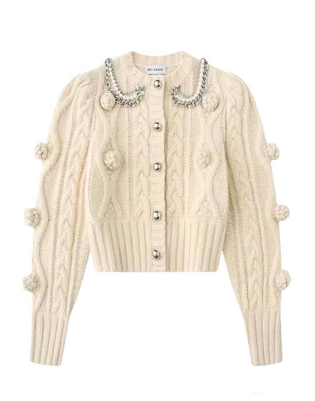 Knit Patterned Cardigan With Chains - BEYAZURA.COM