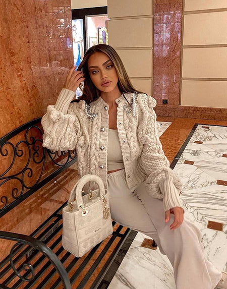 Knit Patterned Cardigan With Chains - BEYAZURA.COM