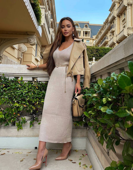 Knit Rib Long Bodycon Dress - BEYAZURA.COM