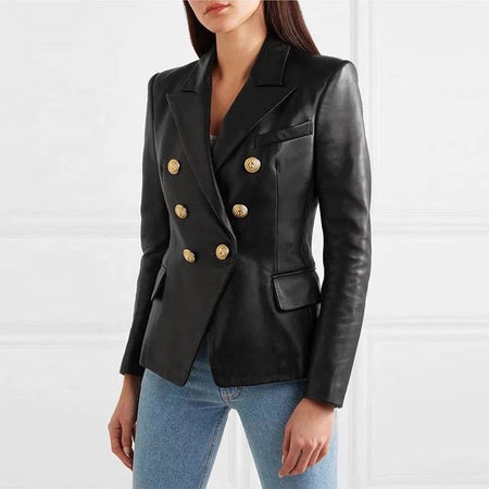 Lambskin Leather Gold Trimmed Blazer Jacket - BEYAZURA.COM