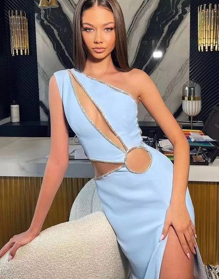 Light Blue Asymmetrical Cutout Crystallized Dress - BEYAZURA.COM