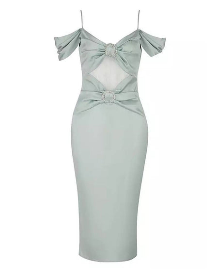 Light Green Cutout Draped Sleeve Satin Dress - BEYAZURA.COM