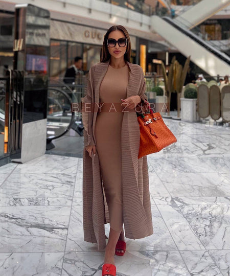 Long Pleated Loose Frilled Dress In Apricot - BEYAZURA.COM