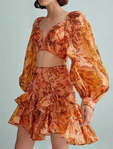 Long Sleeve Bra Top And Ruffle Skirt Set - BEYAZURA.COM
