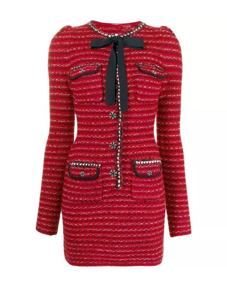 Long Sleeve Slim Bowed Knit Dress - BEYAZURA.COM